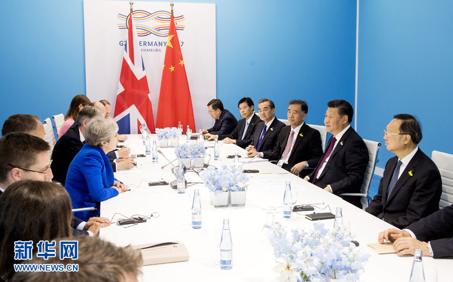 7月7日，國家主席習近平在漢堡會見英國首相特雷莎&middot;梅。 新華社記者李學仁 攝